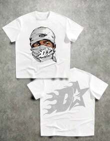 POLARBEAR Stylish Basic T-Shirt With Gangster Bala Clava Print - Trắng-In-Xám - Xem 1
