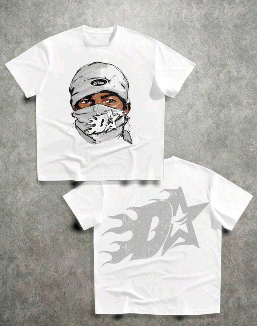 POLARBEAR Stylish Basic T-Shirt With Gangster Bala Clava Print - Trắng-In-Xám - Xem 1