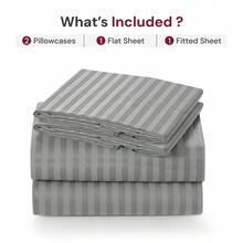 Lux Decor 4 Pc Stripe Bed Sheets, High GSM Brushed Microfiber Bedding Set With Deep Pocket Fitted Sheet & Pillowcases. Soft, Breathable, Hypoallergenic, Easy Care, And Wrinkle Resistant For Year-Round Comfort And A Classic Hotel-Quality Look. - 灰色 - 查看 5