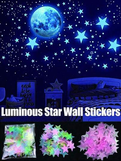 100pcs 3cm Glow In The Dark Star Wall Stickers, 3D Luminous, Solid Color & Mixed Color, Fluorescent Decor, 4cm Moon Glow Wall Decals, Bright Luminous Plastic Self-Adhesive Stickers, Durable Home Art Decoration, Suitable For Home, Ceiling, Bedroom Wall, Room Decor, Bathroom Decor Wall Decor