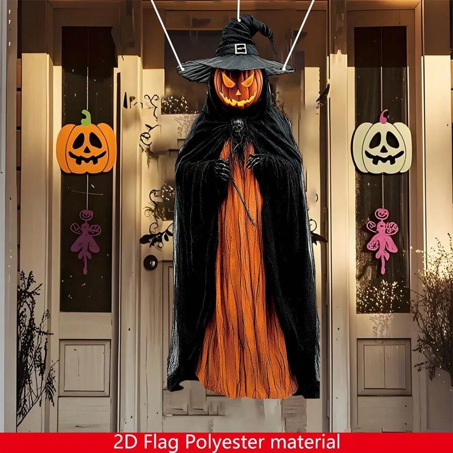 1pc Halloween Pumpkin Decoration Flag - 15.8x39.5 Inches Outdoor/Indoor Polyester Horror Decor With Skeleton Gauze And Witch Hat, No Power Needed, Suitable For Yard, Porch, Haunted House Entrance, Holiday Scene Display, Ghost Pattern Design, Easy To Hang Home Decor Halloween Decor Room Decor