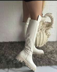 Botas altas para mujer, suela gruesa, punta redonda, sin agujetas, estilo urbano, ideales para otoño e invierno, uso diario - Blanco - Ver 3