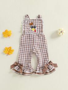 Kids Girls Overalls, Plaid Embroidery Turkey Flare Pants Thanksgiving Clothes For Casual Daily - Brown - View 1