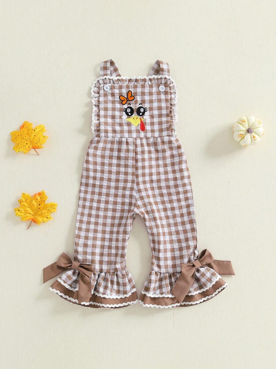 Kids Girls Overalls, Plaid Embroidery Turkey Flare Pants Thanksgiving Clothes For Casual Daily - Brown - View 1