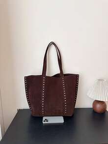 1 Túi đeo vai thời trang dành cho nữ, Túi tote đa năng dung tích lớn dành cho nữ, Trang trí đinh tán, Màu trơn dùng hàng ngày, Thích hợp để mua sắm, đi làm, đi học - Cà phê - Xem 6