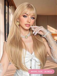 26 Inch Blonde Long Loose Wave Wig With Neat Bangs, Suitable For Halloween, Christmas, Carnival, And Other Holiday Wear, Can Be Worn In Daily Life, Heat-Resistant Synthetic Fiber Can Be Styled And Dyed, Adjustable Rose Net Wigs, Breathable For Summer - Vàng - Xem 4