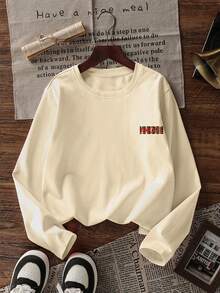 Áo thun tay dài cổ tròn in họa tiết sọc đỏ và xanh lá cây thời trang thu đông mới, thời trang và đa năng cho nữ - Màu be - Xem 4