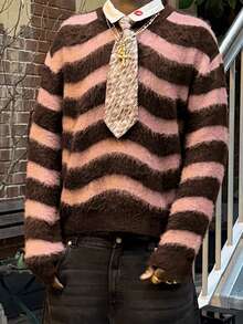 ANDREILEE 秋冬男女通用条纹落肩高街圆领长袖针织衫 - 棕色 - 查看 5