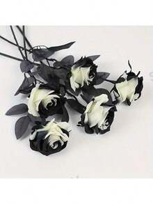10pcs Artificial Black And White Roses Bouquet, Plastic Gothic Fake Flowers For Wedding, Halloween Decor Realistic Rose Stem For Home Office Display