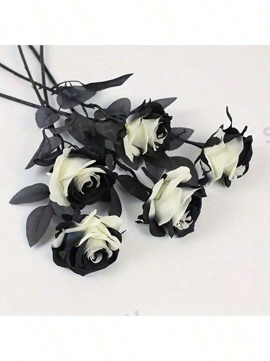10pcs Artificial Black And White Roses Bouquet, Plastic Gothic Fake Flowers For Wedding, Halloween Decor Realistic Rose Stem For Home Office Display