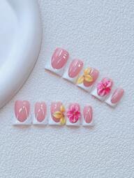 10 st Y2K-naglar, mandelformade press-on-naglar, set - handgjorda, rosa naglar, vita franska stil, handgjorda 3D-rosa och gula blommor med gyllene lilla stålkula-blomkärna, handritad 3D-transparent mönsterdesign, glittrande gyllene små stålkula-accenter - lämplig för kvinnor och flickor, fest, bröllop, vardagskläder, gör-det-själv-nagelkonst, inkluderar verktygssats. Handgjorda press-on-naglar. Lösnaglar. Nageltillbehör Nageltillbehör Naglar