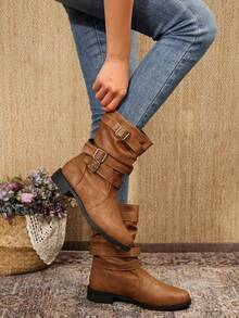 Fall/Winter New Women's Black Warm Boots, Fashionable Round Toe Soft Leather Riding Boots, Western Style Side Zipper Boots