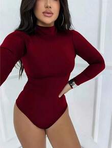 Women's Bodysuit Long Sleeve Cacharrel Simple Elegant Party Casual Fashion - 酒紅色 - 查看 4