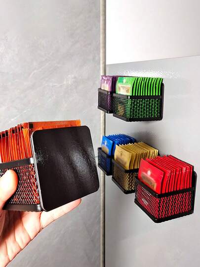 1pc Magnetic Tea Bag Holder,Black Metal Tea Storage,Wall-Mounted Space Saving Tea Coffee Sugar Jars For Refrigerator,Kitchen Shelf And Counter,Kitchen Storage Organizer.
