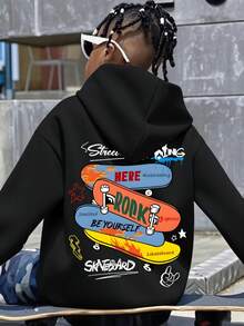Tween Boy Casual Simple Skateboard Pattern Sporty Style Sweatshirt Boys Long Sleeve Hooded Sweatshirt Autumn And Winter Student Boys Clothing - Black - View 8