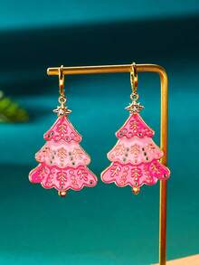 2 brincos com pingente de árvore de Natal rosa com strass fofos, presente de Natal, adequados para mulheres usarem no Natal, feriados e festas - Rosa - Ver 2