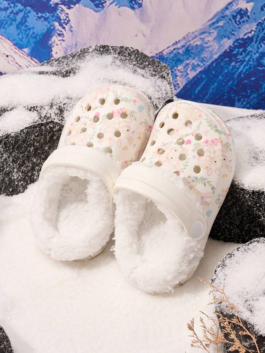 1 Pair Girls' Rabbit Print Warm Thermal Lined Casual Comfortable Indoor Slippers, Suitable For Winter - White - View 1