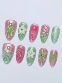 10 片海洋甜心粉色 - 绿色浮雕指甲贴 | 短杏仁假指甲 - 珍珠渐变 3D 花朵压贴 - 适用于指甲，春夏贝壳和水母风格美甲（含美甲工具和配件）美甲用品美甲 - 彩色 - 查看 2