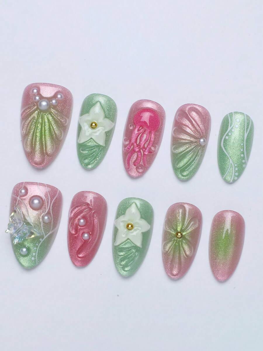 10 片海洋甜心粉色 - 绿色浮雕指甲贴 | 短杏仁假指甲 - 珍珠渐变 3D 花朵压贴 - 适用于指甲，春夏贝壳和水母风格美甲（含美甲工具和配件）美甲用品美甲