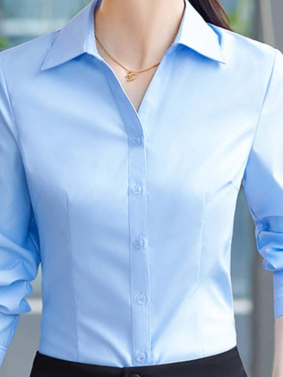 女士浅蓝色V领短袖衬衫,商务职业正装,办公室工作衬衫,春季款 - 藍色 - 查看 1