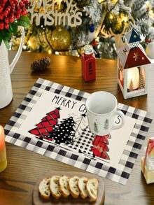 4/6 piezas Manteles individuales con estampado a cuadros búfalo de árbol de Navidad, estilo retro de lino aislado antideslizante, adecuados para decoración de mesa de cocina en el hogar, ambiente navideño, decoración rústica, suministros para fiestas, regalo