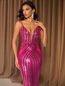 Women's Contrast Color Sequin Mermaid Maxi Dress, Elegant Evening Gown - Hot Pink - View 2
