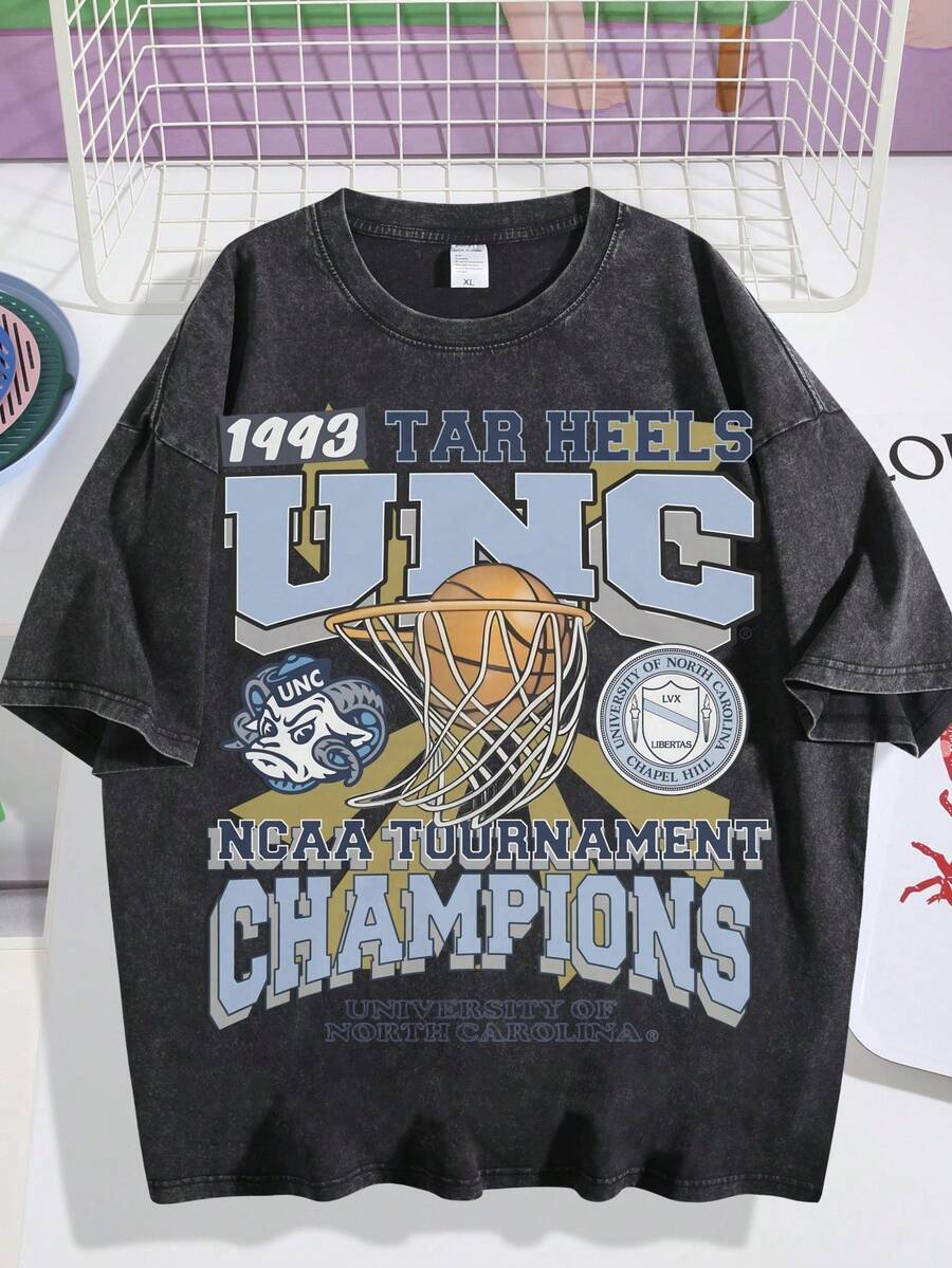 EWH Men's T - Shirt, Retro, UNC Tar Heels 1993 Champions Graphic, Vintage Washed, Loose Fit, Short Sleeved, TopDG004 - màu đen - Xem 1