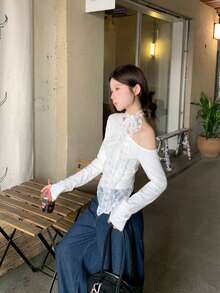 秋季性感露肩撞色蕾丝长袖T恤女式领带 - 白色 - 查看 5