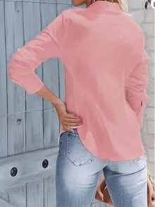 粉色长袖女式衬衫，前襟纽扣设计，经典领型，春季款 - 粉色 - 查看 2