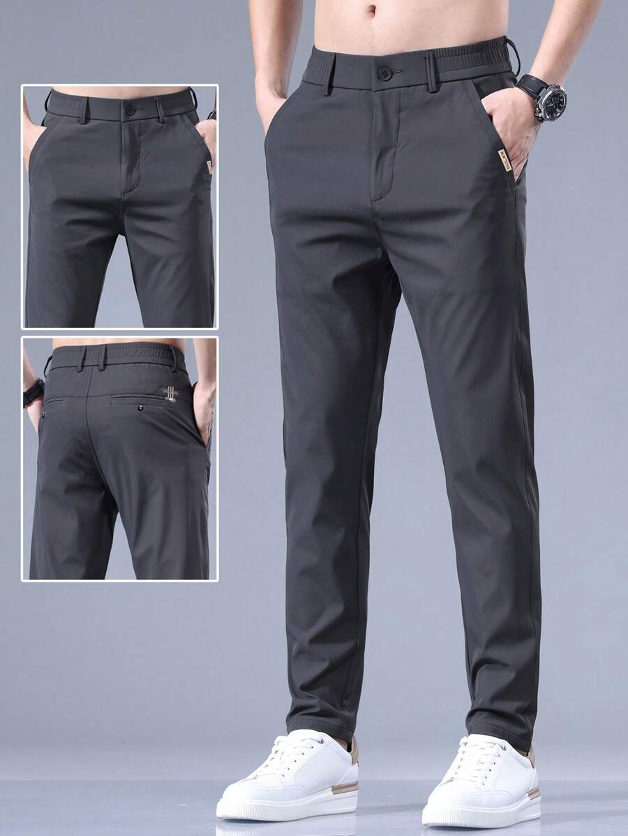 Men's Letter Embroidered Pocket Straight Leg Casual Pants, Fall - Grey - View 1