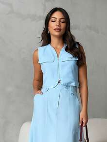 Women's Tailored Set Cargo Social Vest And Long Skirt SUMMER/ 2025 Elegant Modern Evangelical Fashion - 淺藍色 - 查看 2
