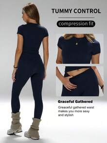 FWH Slim-Fit, Versatile Item, Waist-Cinching And Butt-Lifting, Suitable For Yoga, Fitness Or Casual Daily Wear. Women's Yoga Set, High-Waist Sports Pants Set, Shaping Sports 2-Piece Set, Waist-Cinching Yoga Outfit, Fitted Crew Neck T-Shirt Paired With High-Waist Yoga Pants, Essential 2-Piece Set For Women Summer - Màu xanh hải quân - Xem 2