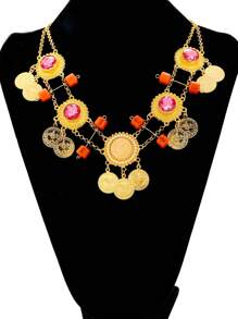 1件阿拉伯金币流苏项链，女士时尚亚克力宝石水晶花朵新娘婚礼首饰 - 金黃色 - 查看 2