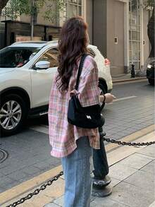 YUXIN 复古美式小众设计女式短袖格子衬衫，轻盈夏季防晒夹克，宽松百搭小码衬衫 - 粉色 - 查看 6