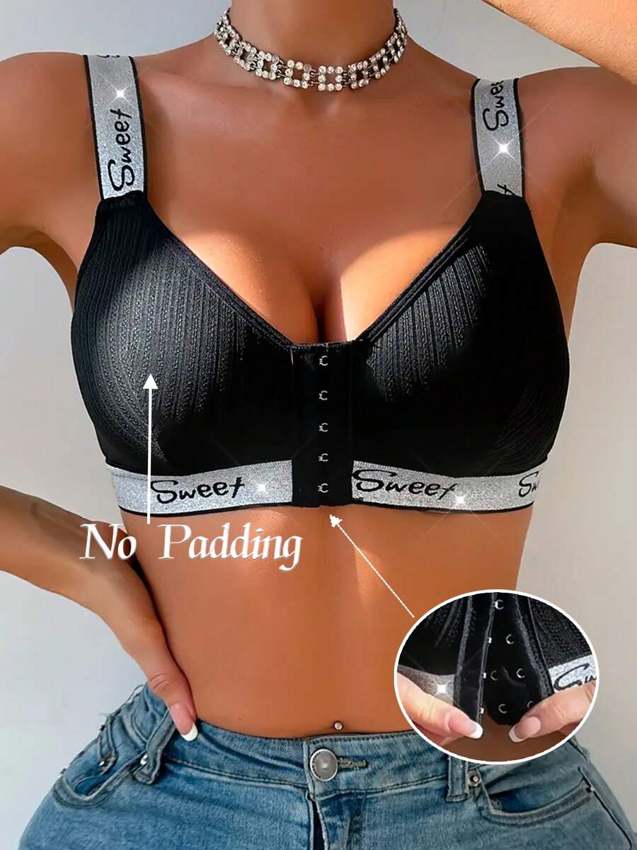 Sujetador con cierre delantero inalámbrico de alambre de plata para mujeres - Negro - Ver 1