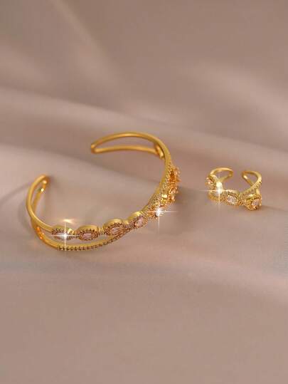 两件套优雅扭纹镂空立方氧化锆可调节手链戒指套装，适合日常佩戴、派对装扮、生日、周年纪念礼物