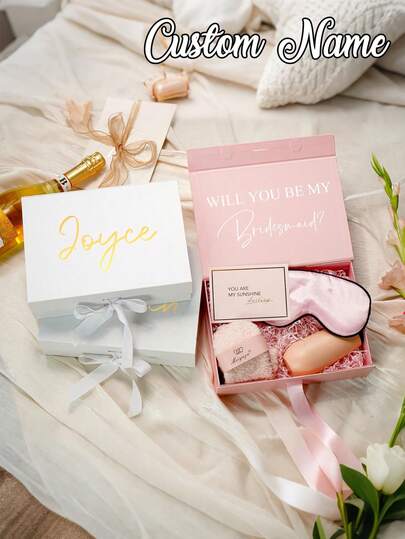 1pc Customized Name Gift Box, Double-Sided Customized Gift Box, Personalized Bridal Party Gift Box (For Product Purchase), Bridesmaid Invitation Gift Box (For Product Purchase), Bridesmaid Gift Box, Bridal Party Gift Box, Empty Box, Wedding Gift Box, Bride's Gift Box, Bridesmaid Gift, Personalized Gift Box Cover, Magnetic Customized Gift Box Cover And Ribbon Gift