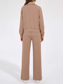 Women's 2 Piece Outfits Casual Lapel Half Zip Sweatshirts And Wide Leg Pants Tracksuit Sets - 卡其色 - 查看 2