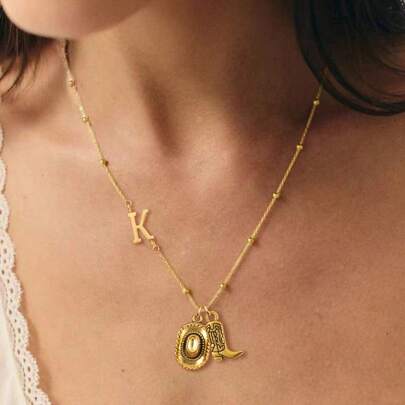1pc New Fashion Initial Western Cowboy Hat Boots Pendants Golden Stainless Steel Bead Chain Necklaces For Women