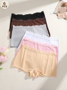 6Pcs Cotton Lace Stitching Elegant Pastoral Anti-Exposure Women's Boyshorts, Low-Waist Women's Underwear S-XXL - Nhiều màu - Xem 1