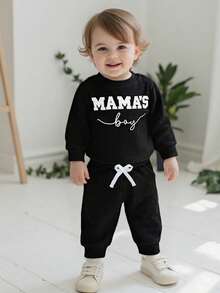 Newborn Baby Boys Outfit Waffle Knit Long Sleeve Mama's Boy Embroidery Sweatshirt Top Pants Set Infant Bodysuit Fall Winter Clothes - 黑色 - 查看 1