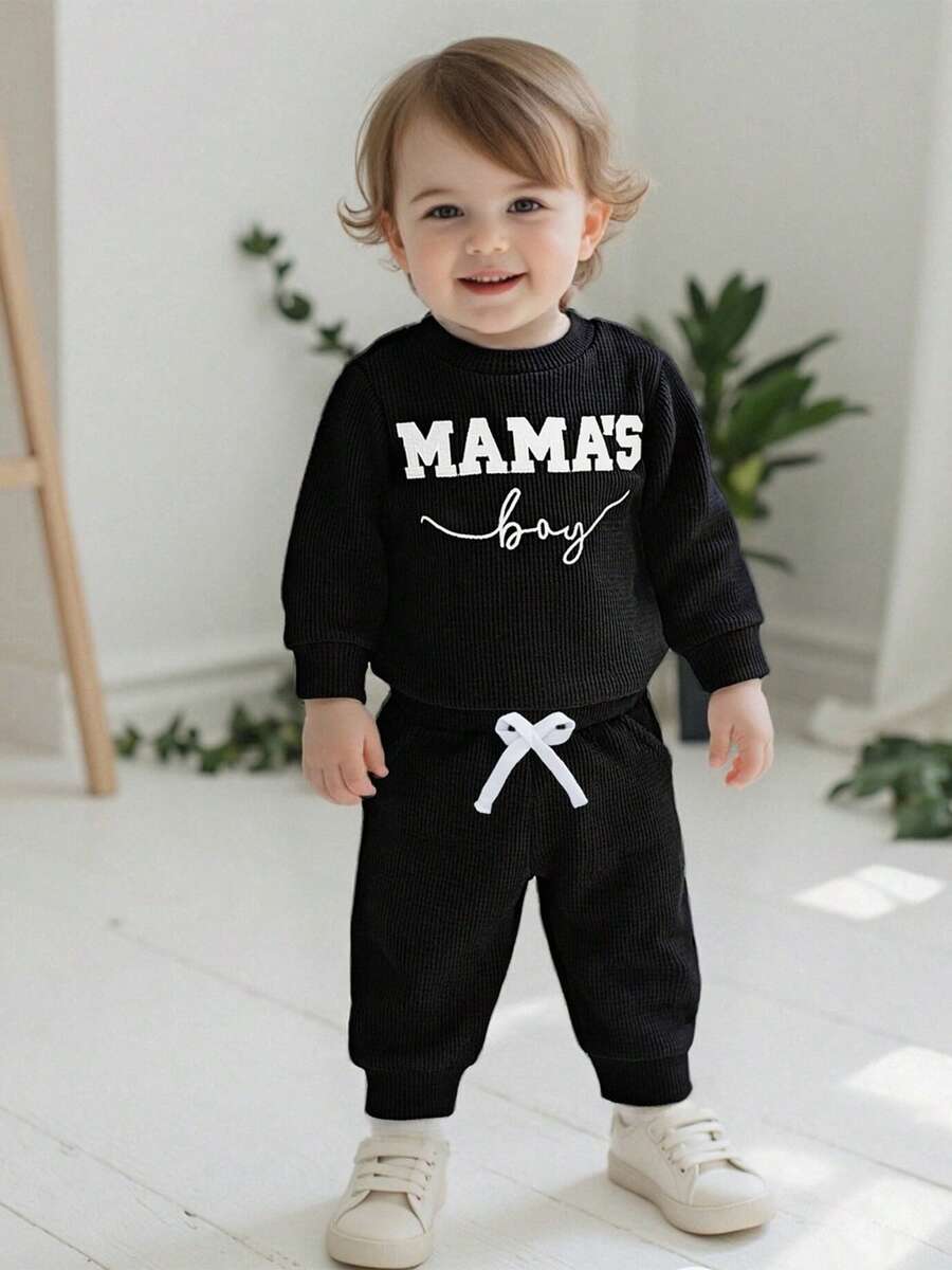 Newborn Baby Boys Outfit Waffle Knit Long Sleeve Mama's Boy Embroidery Sweatshirt Top Pants Set Infant Bodysuit Fall Winter Clothes - 黑色 - 查看 1