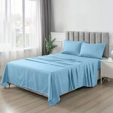 Lux Decor 4 Pc Stripe Bed Sheets, High GSM Brushed Microfiber Bedding Set With Deep Pocket Fitted Sheet & Pillowcases. Soft, Breathable, Hypoallergenic, Easy Care, And Wrinkle Resistant For Year-Round Comfort And A Classic Hotel-Quality Look. - 藍色 - 查看 3
