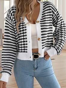 Women's Sweater Button Down Fall Cardigan Lantern Long Sleeve V Neck Knitted Jacket