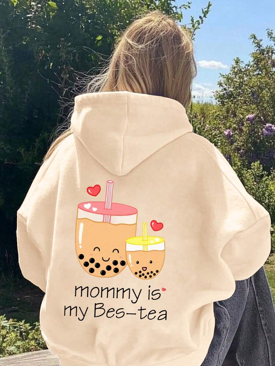 1 chiếc áo nỉ hoodie bé gái tuổi teen in họa tiết trà sữa ngọc trai dễ thương, ấm áp, mềm mại thoải mái, mặc thường ngày phong cách casual cho mùa xuân và mùa thu - Màu be - Xem 1