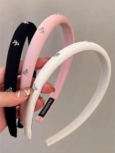 3条/1条装 女士韩版时尚窄款银色蝴蝶结纯色布艺海绵发箍，优雅百搭，适合日常佩戴，居家、学校、海滩、工作、派对、节日、生日、返校、新年、情人节、母亲节等场合，可作礼物、发饰、发带、发箍、女士发箍、秋季穿搭头饰