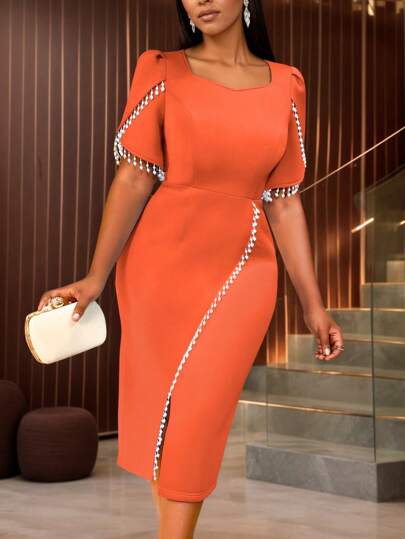 Bodycon Party Dresses Square Collar Slit Short Sleeves Beading Tassel Event Occasion,Outfit For Date,Party,Wedding Dress,Bridesmaid Dress,Graduation Dress,Wedding Guest