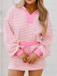 Stripe Designed Collared V Neck Drop Shoulder Sweatshirt And Skort Sets - 粉色 - 查看 1