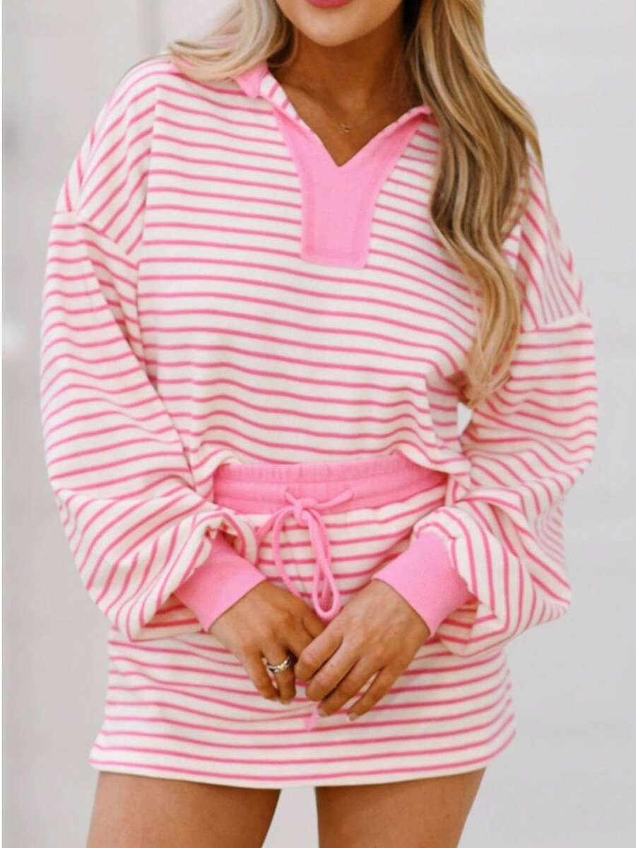 Stripe Designed Collared V Neck Drop Shoulder Sweatshirt And Skort Sets - 粉色 - 查看 1