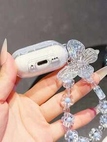 1 pieza Estuche de auriculares a prueba de golpes de TPU con lazo azul, concha brillante y colgante de mariposa, compatible con modelos de auriculares Apple